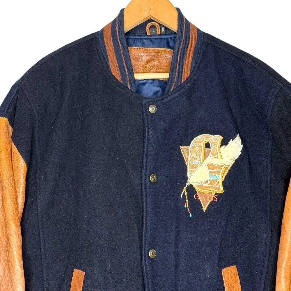Vintage Guess Indian Head Leather Wool Varsity Letterman Jacket Men’s Sz L